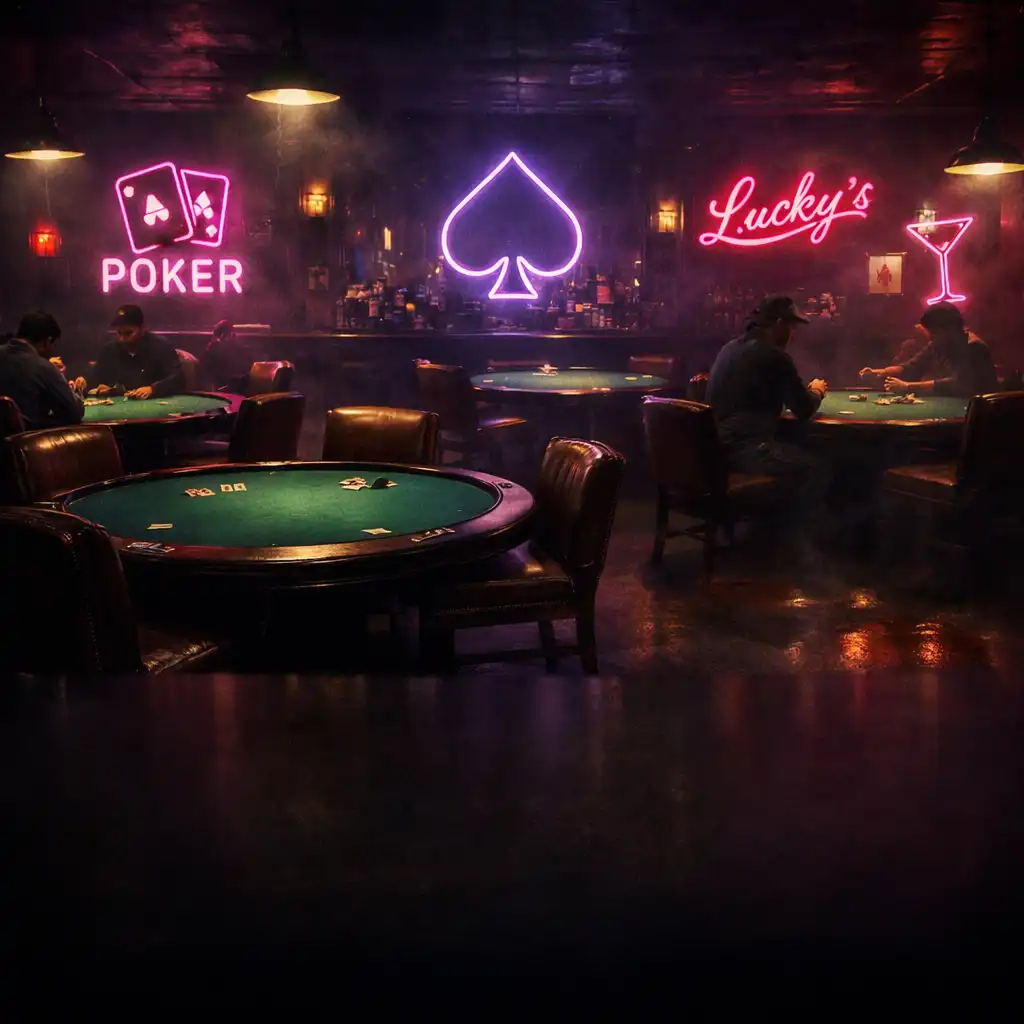 Wide view of the dimly lit poker card room with neon signs and green felt tables