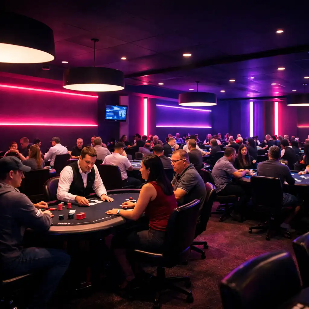 A wide interior view of the Fortune and Ember card room with multiple poker tables under neon pink and violet lighting