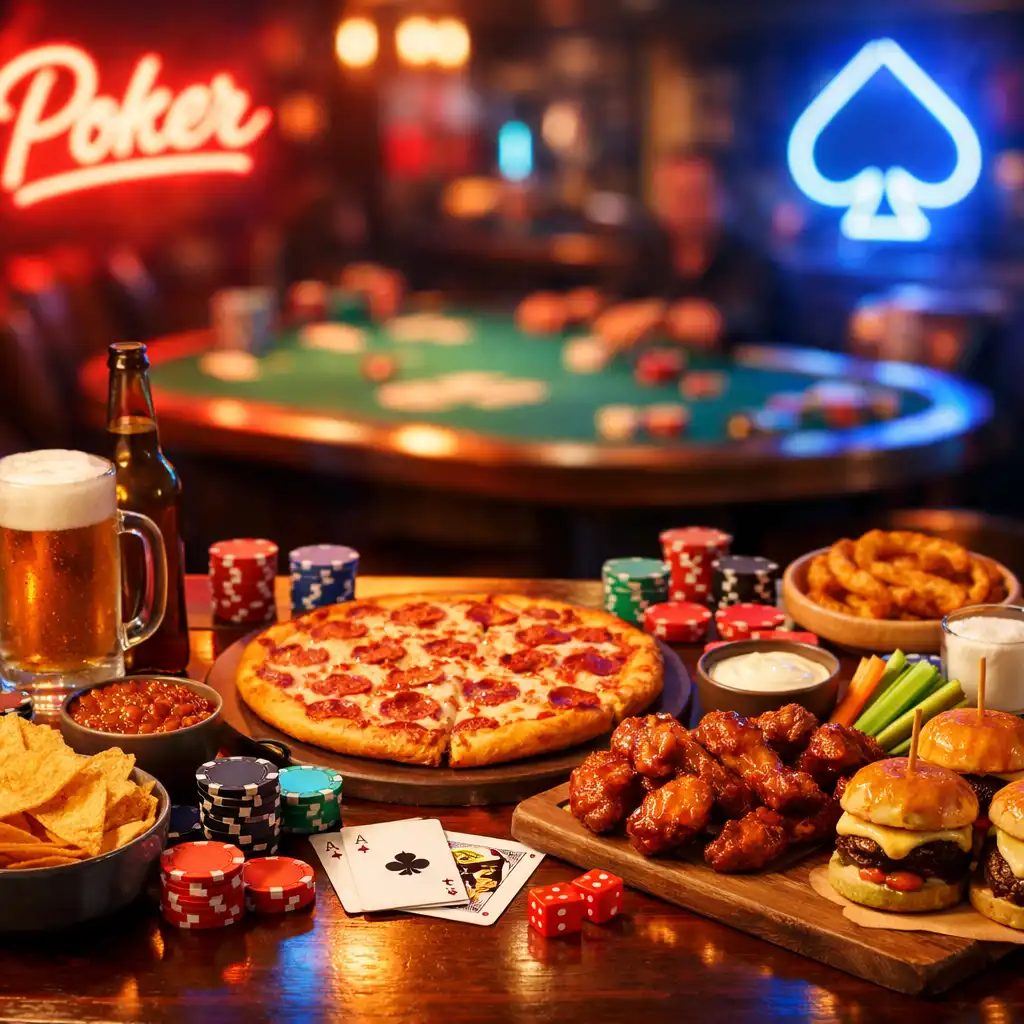 A table set with food and poker chips, with a blurred poker table in the background