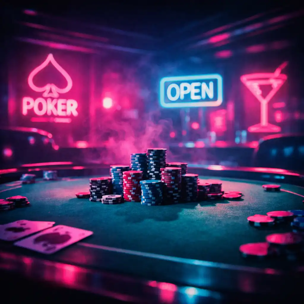 Poker table under neon lights at Fortune and Ember