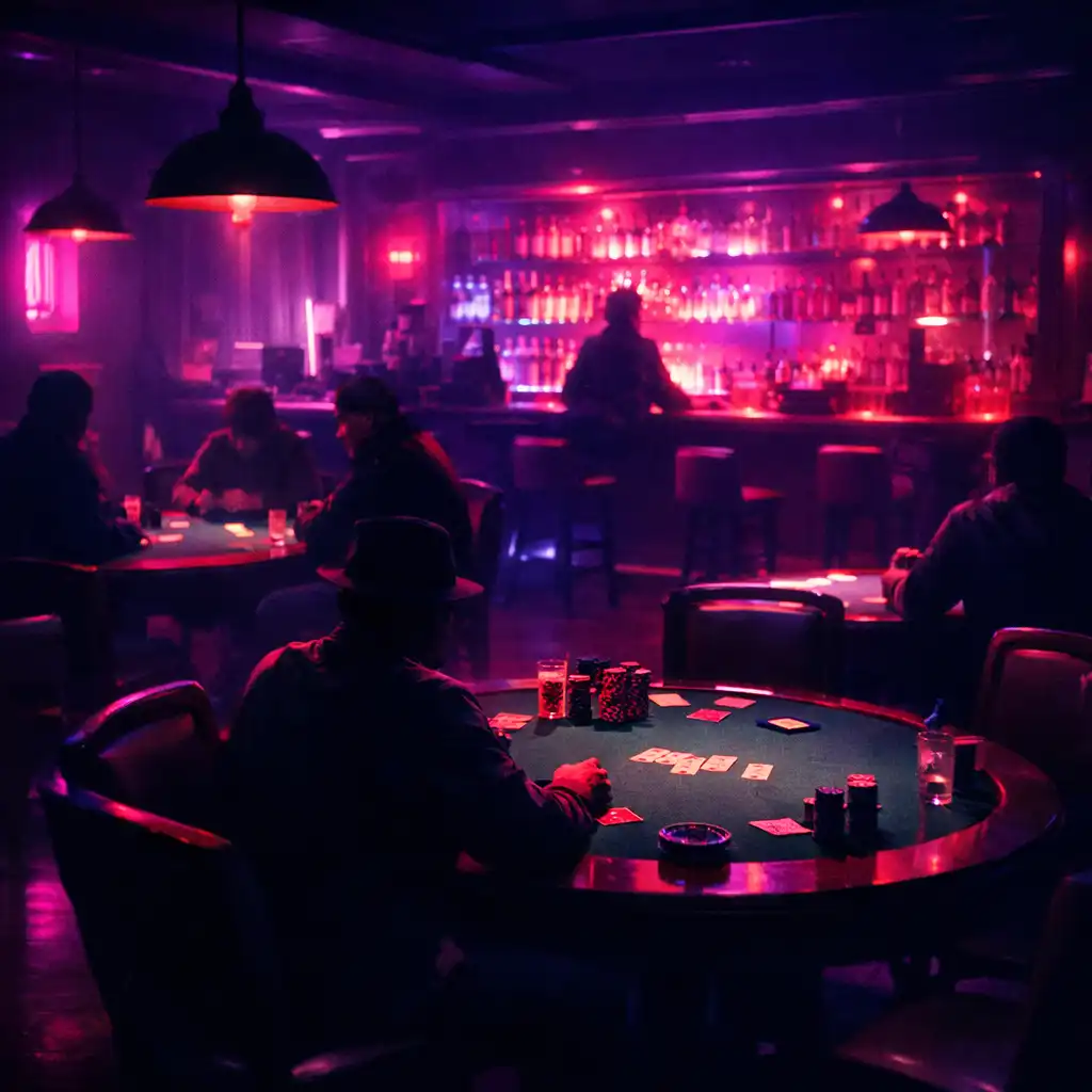 Interior of Fortune and Ember with neon lighting and poker tables