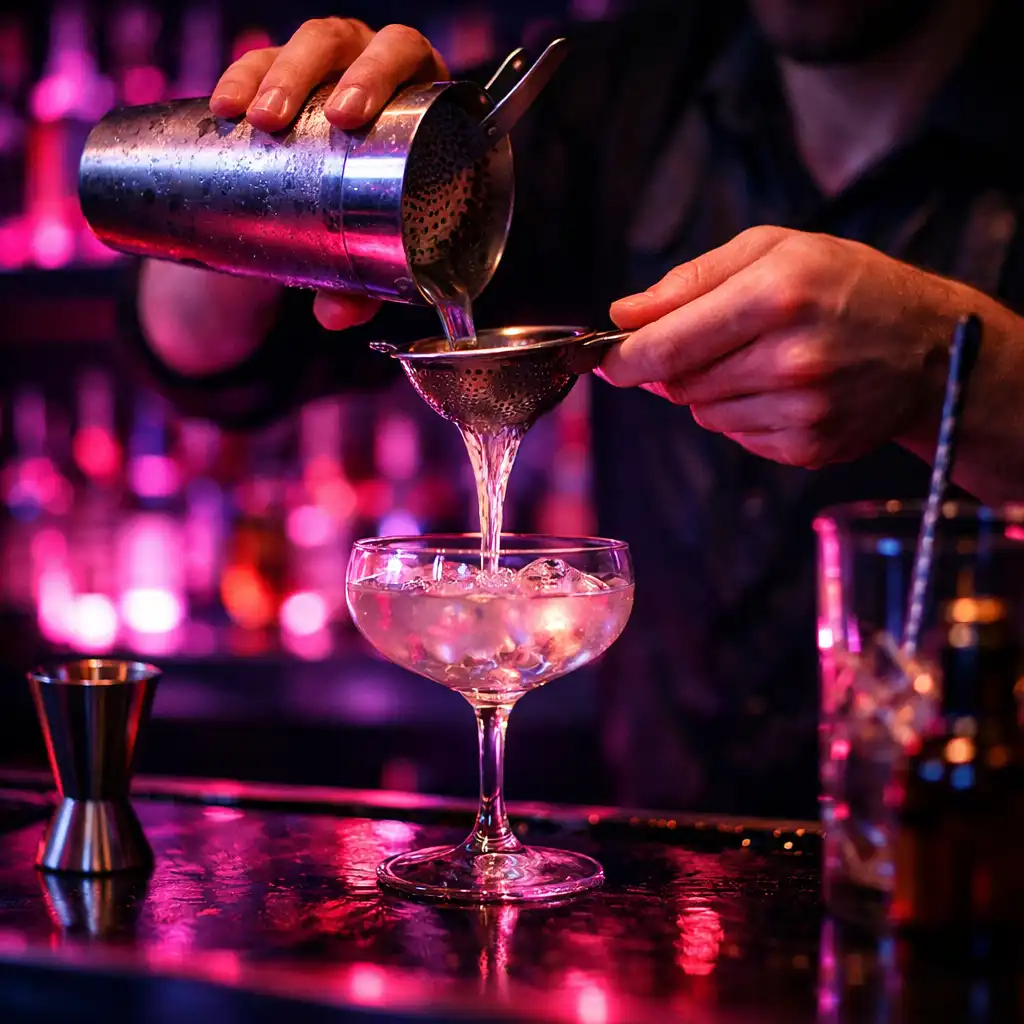 Bartender crafting a cocktail behind a neon-lit bar