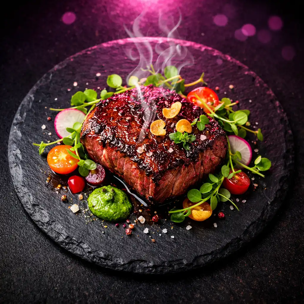 Close-up of a gourmet dish on a dark slate plate illuminated by neon pink light, featuring a seared steak with vibrant garnishes