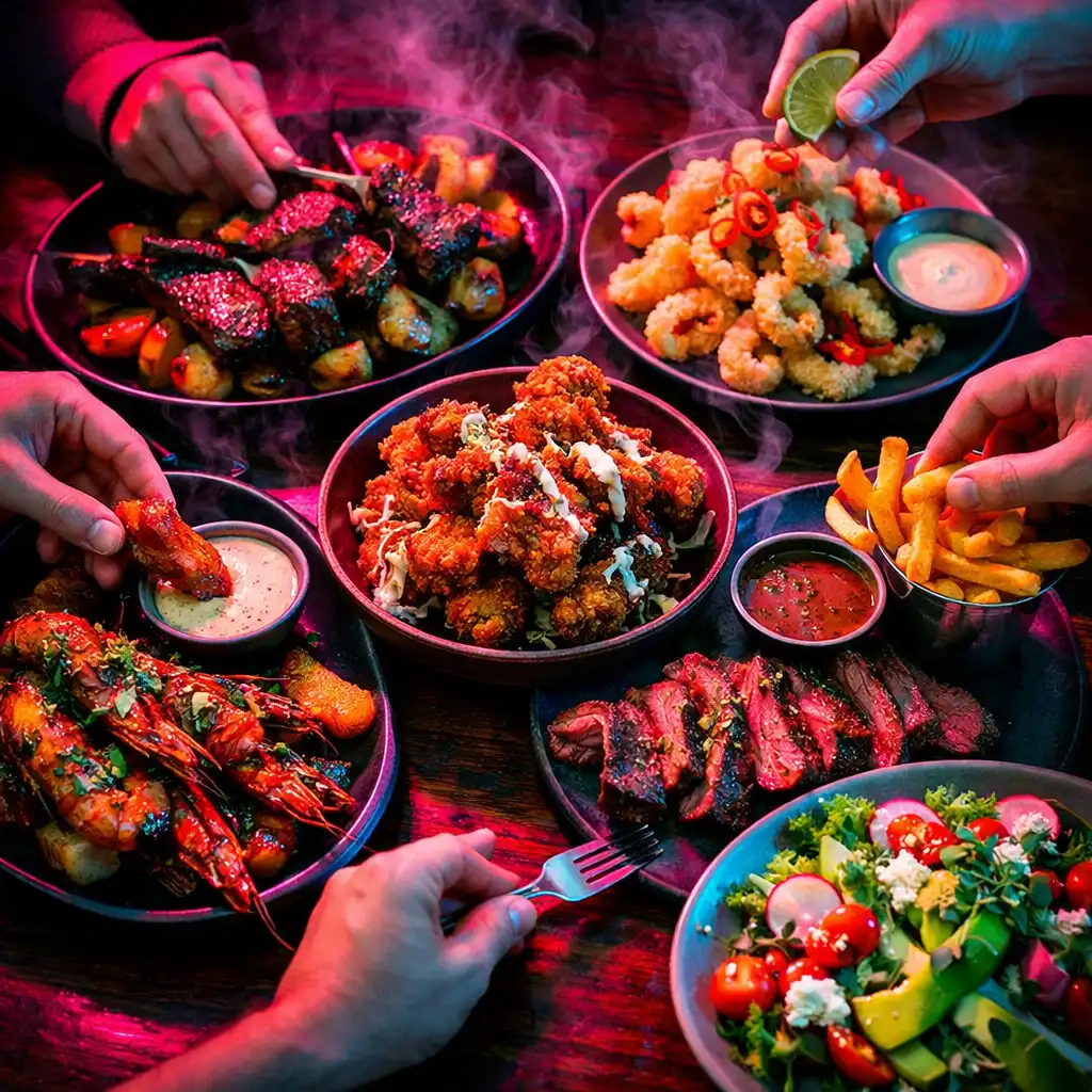 Shareable plates on a dark wooden table lit by neon accents