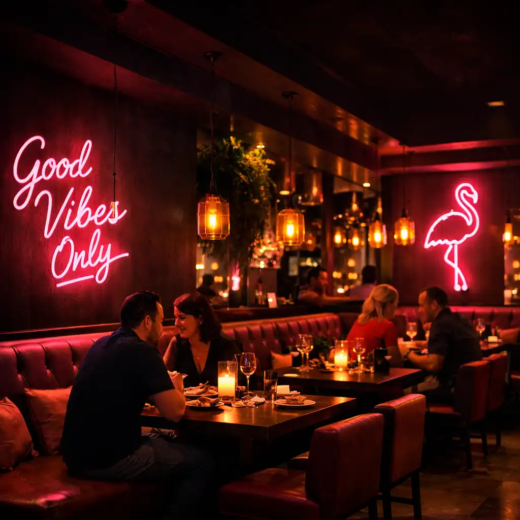 Interior view of the Fortune and Ember dining area with plush booths, neon signs, and warm pendant lights