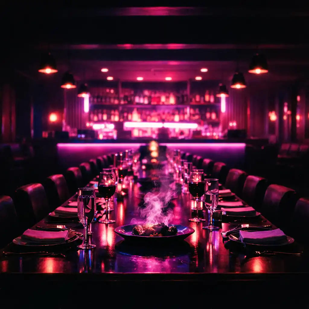 Cinematic wide shot of Fortune and Ember's late-night dining room with neon pink and violet lighting, a long table leading to a glowing bar