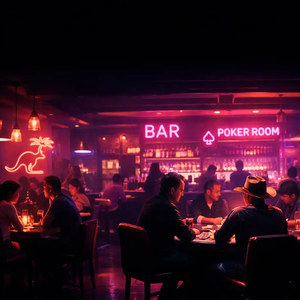 Neon-lit interior of Fortune and Ember with dining and poker tables