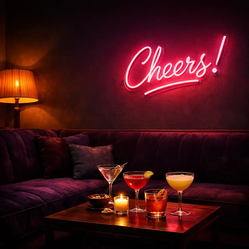 Cozy lounge corner with a deep violet velvet sofa, low table with cocktails, and a pink neon sign glowing on the wall