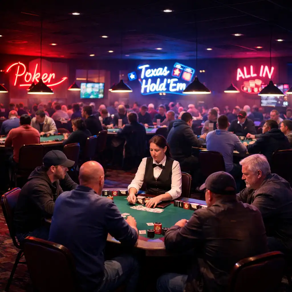 Wide shot of the Fortune and Ember poker room with several tables, seated players, and a dealer under pink and blue neon lighting