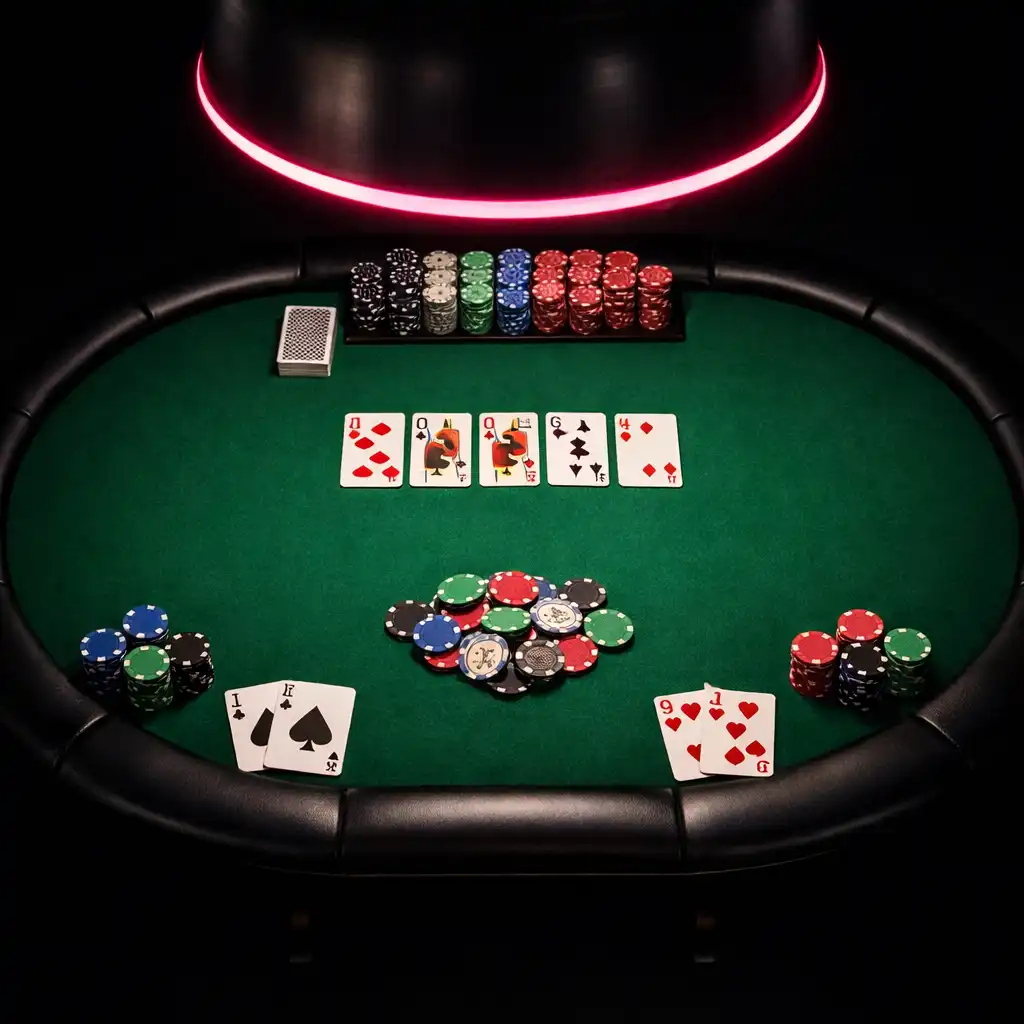 Overhead shot of a high roller poker table with green felt, neatly stacked chips, and dealt cards under a neon-rimmed lamp