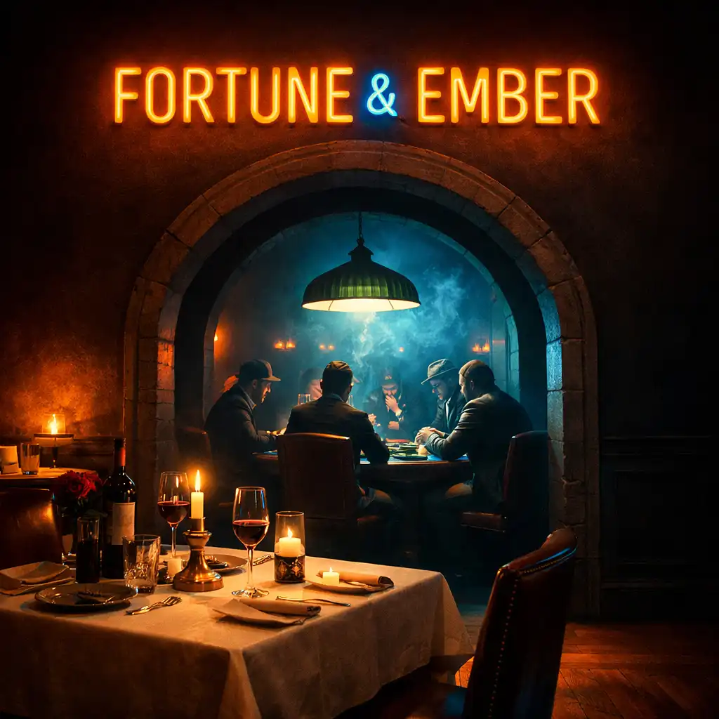 Dramatic scene combining a restaurant table in the foreground with a poker table visible through an archway, lit by warm orange and cool cyan, with a Fortune and Ember neon sign