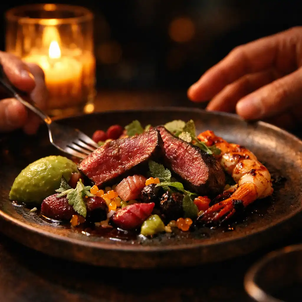 Plated dish on a dark table with warm ember-like lighting