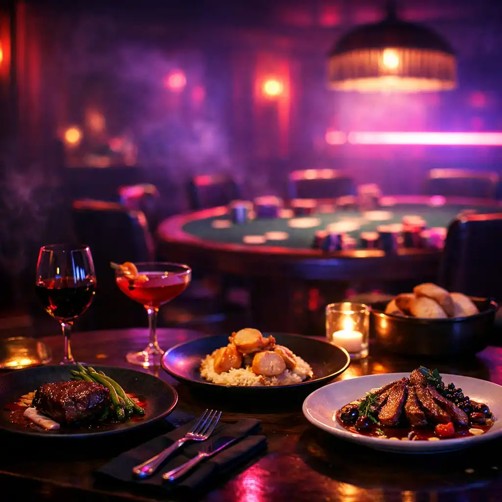 Dimly lit restaurant interior with a poker table in the background and a table set with gourmet dishes in the foreground