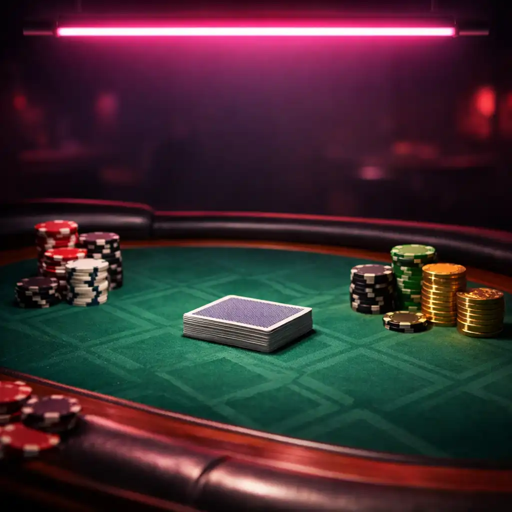 Close-up of a high roller poker table with premium green felt, neon pink overhead light, and neatly arranged chips