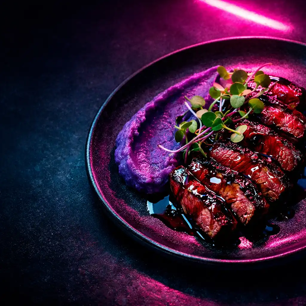 Plated late-night dish with seared steak, microgreens, and purple potato puree under neon light