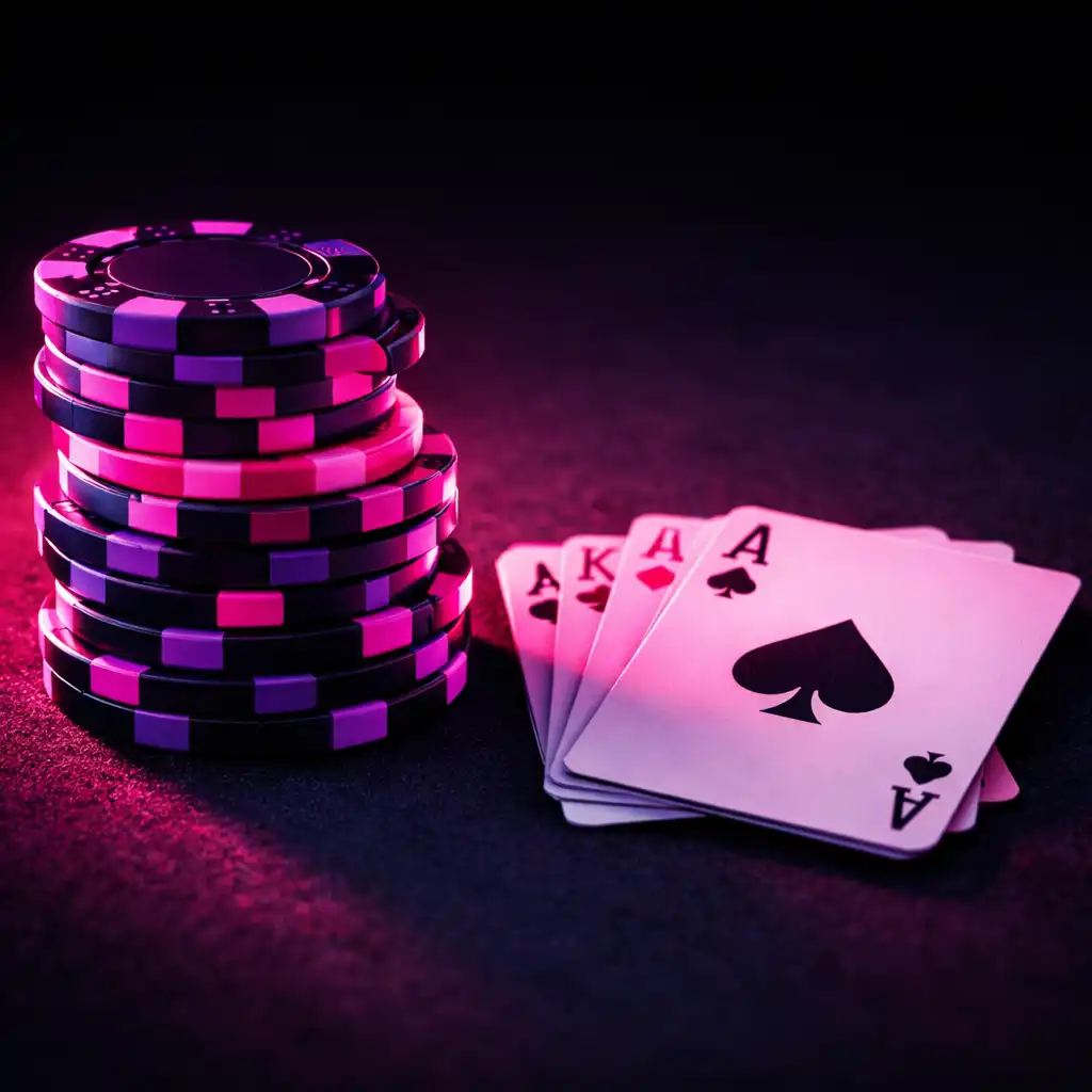 Close-up of poker chips and playing cards on dark felt under pink neon light
