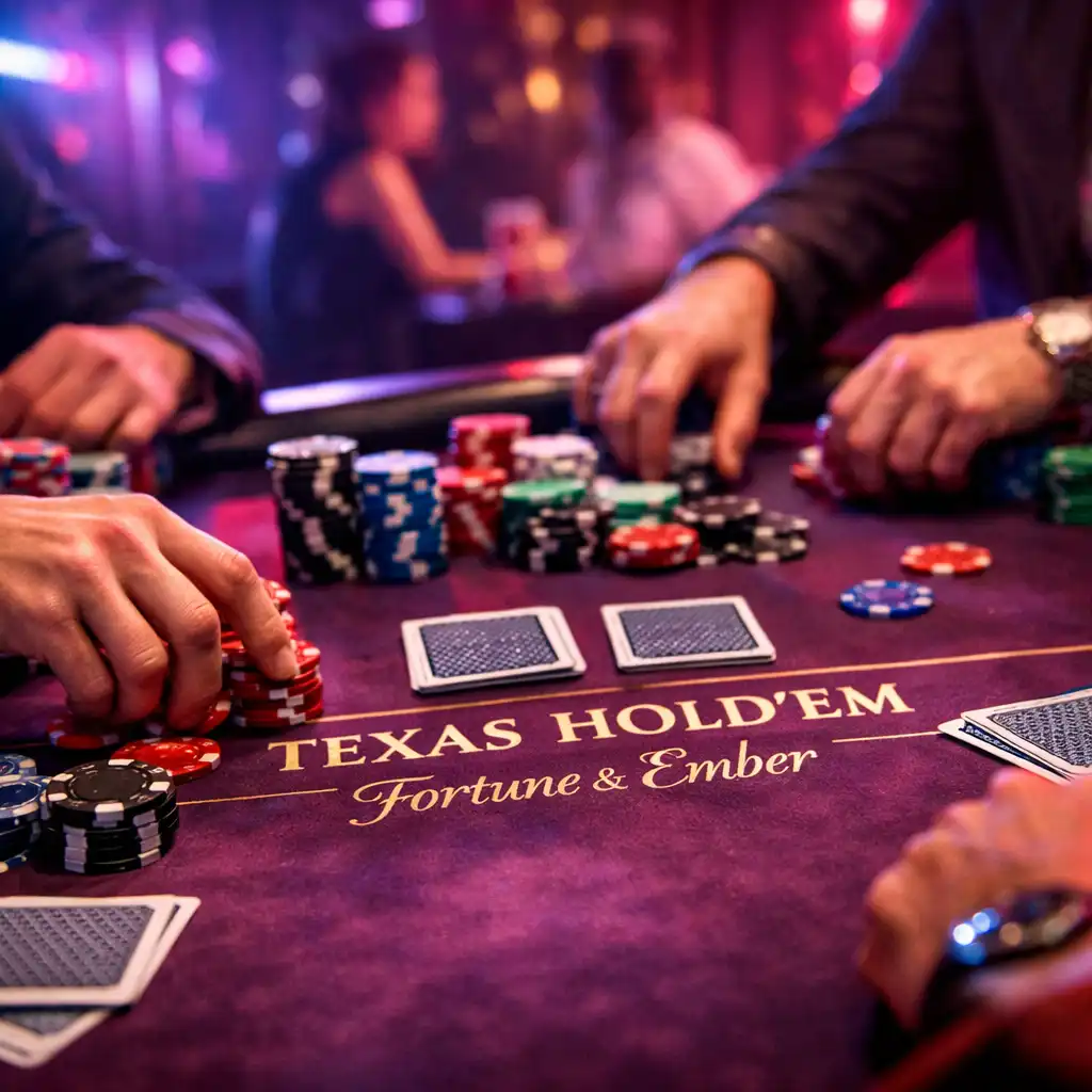 Players placing chips during a Texas Hold'em game with dramatic violet and pink neon lighting
