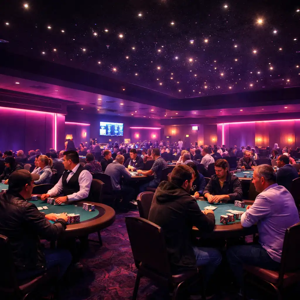 Wide view of the poker room ambience with multiple tables, deep purple glow, and pink neon accents