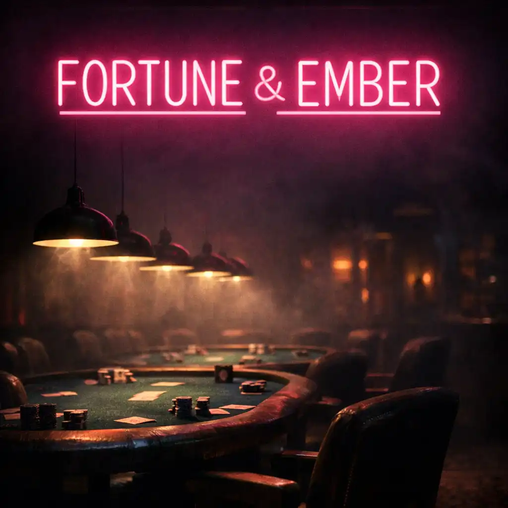 Neon sign reading Fortune and Ember glowing pink above a row of poker tables in the poker room
