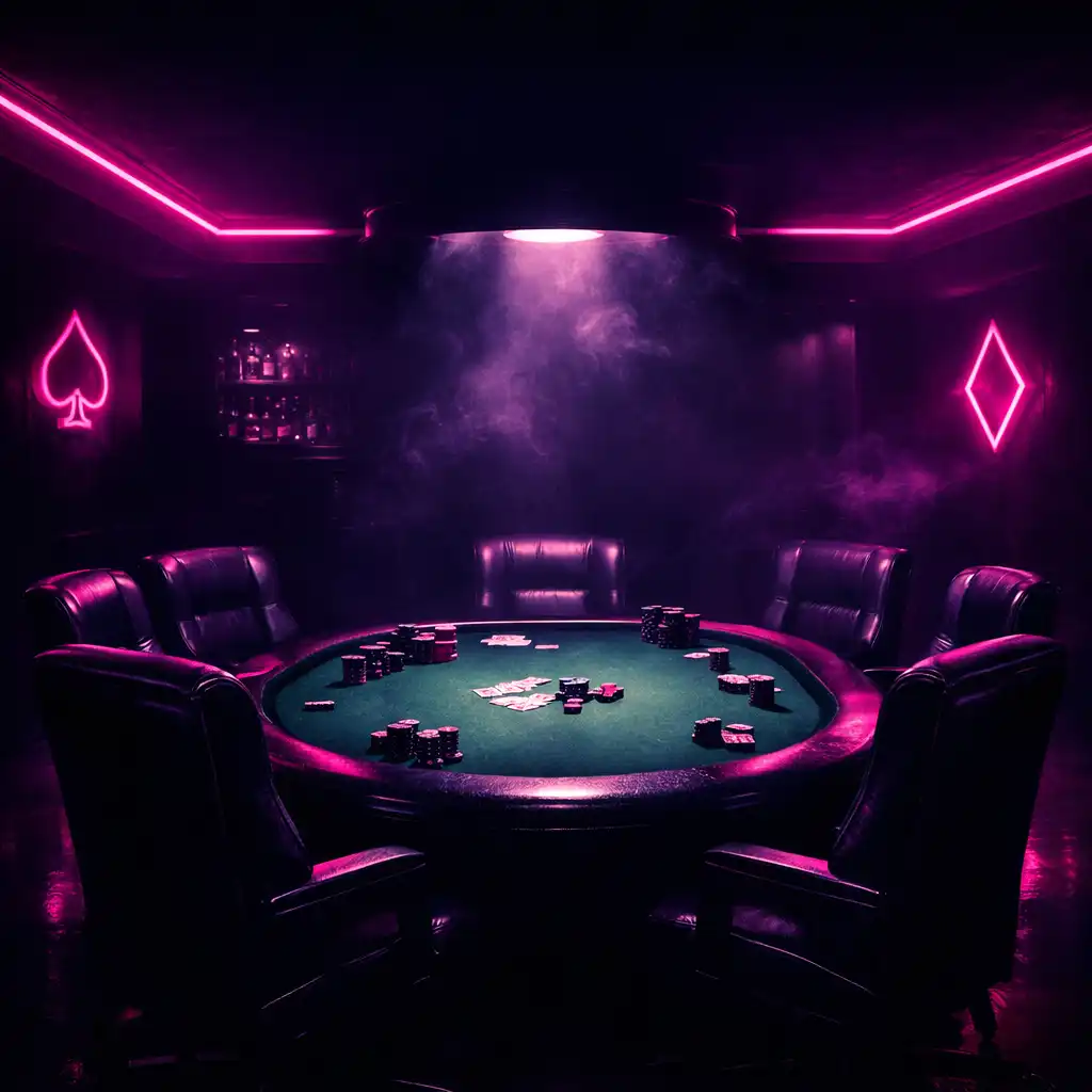 Cinematic view of the Fortune and Ember poker room with neon pink and violet lighting over a premium poker table