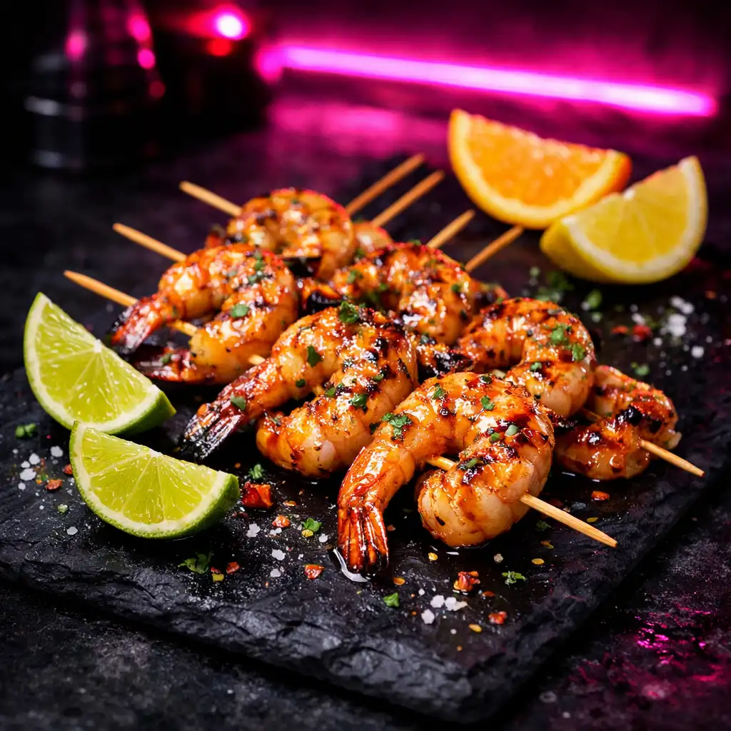 Neon Prawn Skewers with charred lime