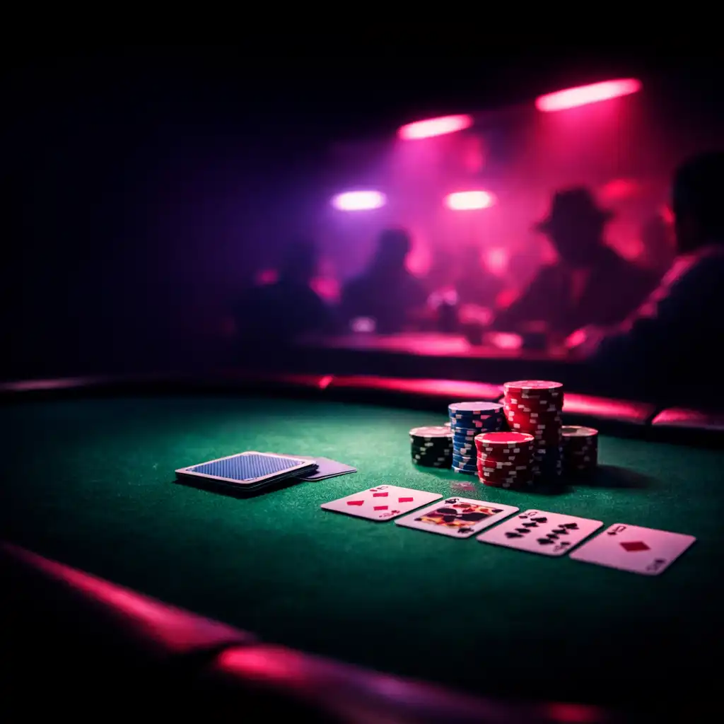 A cinematic Texas Hold'em poker table under neon pink and violet light, with chips and cards on green felt