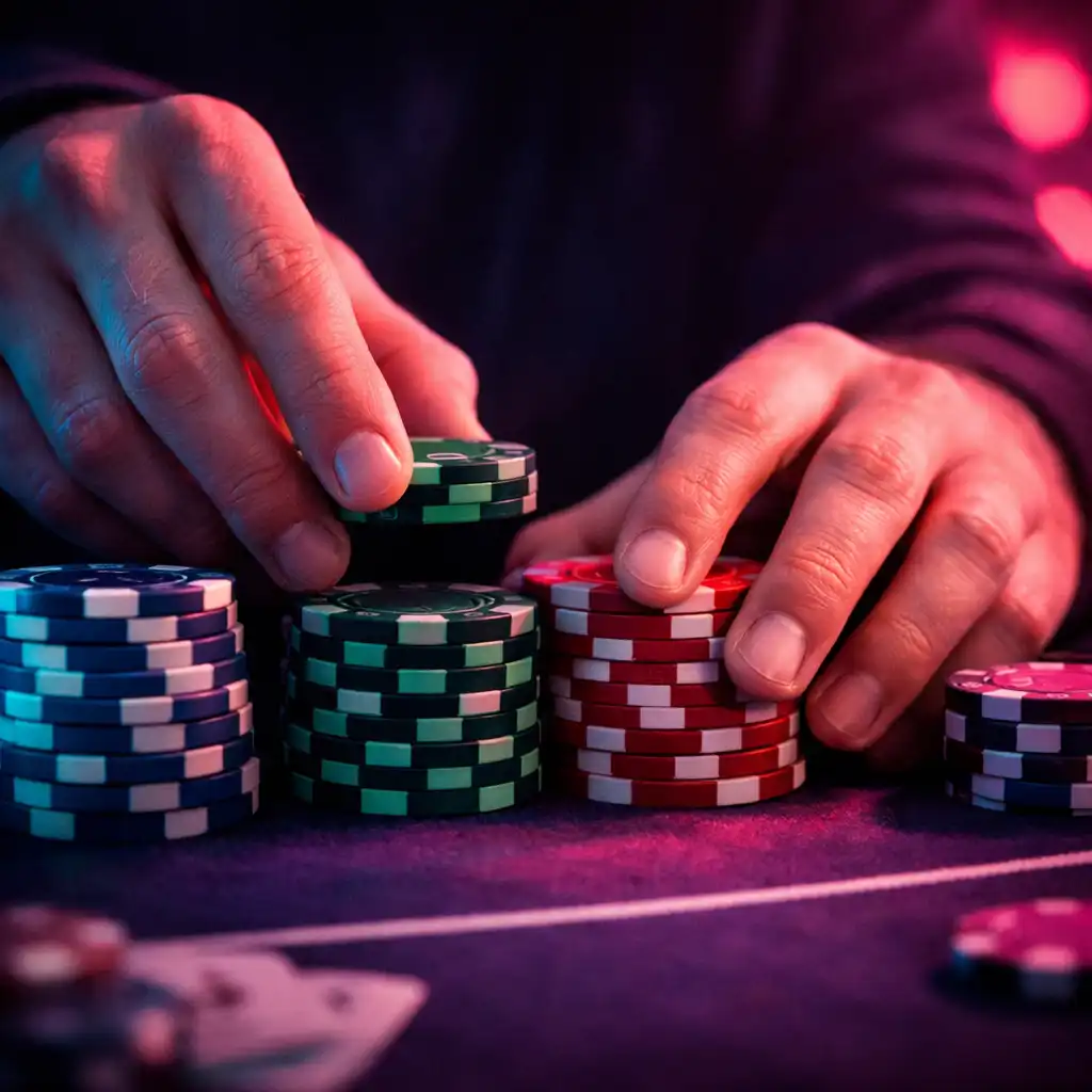 A player's hands stacking poker chips on a Texas Hold'em table under dramatic neon lighting
